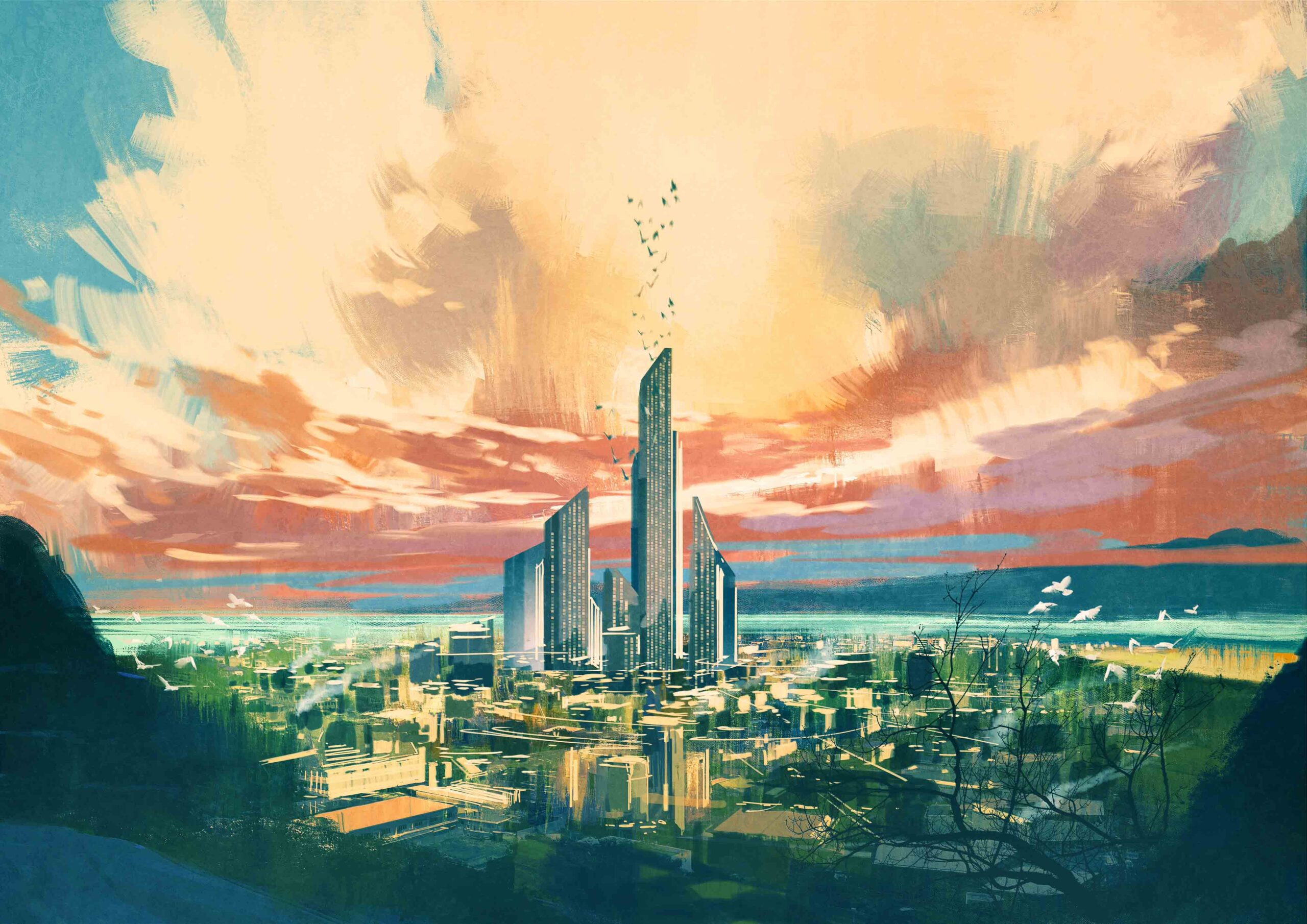 digital illustration of futuristic sci-fi city with skyscraper at sunset