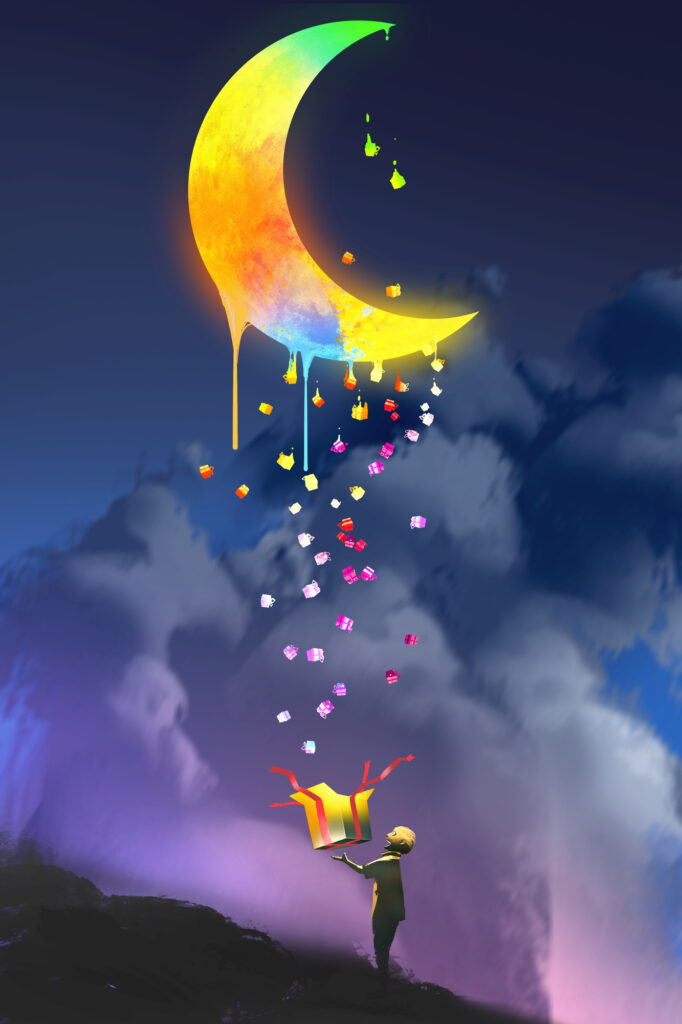 the kid opening a fantasy box and looking up a magic gift,colorful melting moon,illustration painting