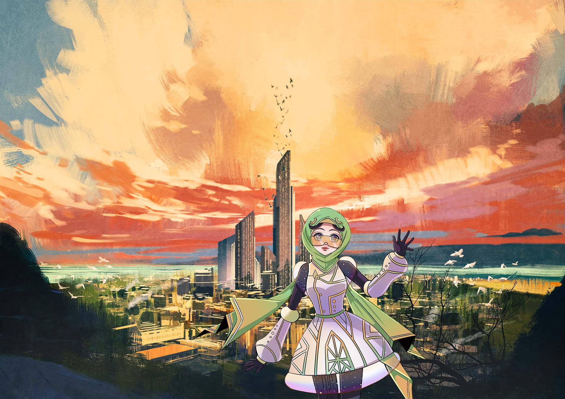 Anime-style girl wearing a hijab waving at the viewer in front of a painted-style city with an orange sky