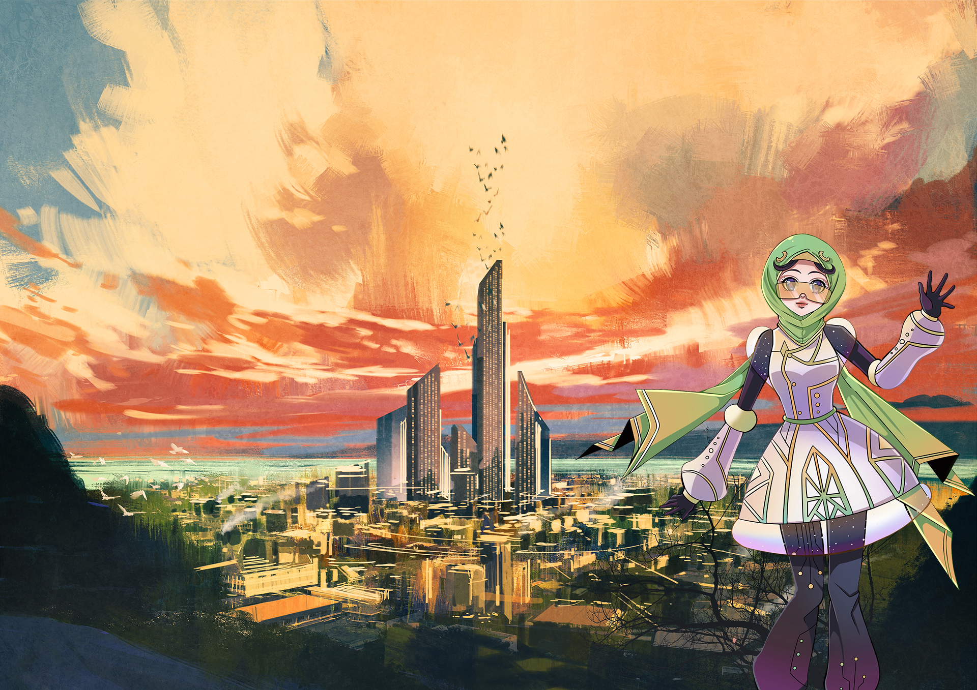 Anime-style girl wearing a hijab waving at the viewer in front of a painted-style city with an orange sky