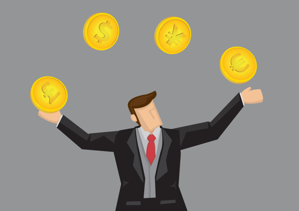 Cartoon business juggling with gold coins with different currency symbols. Vector illustration on business dealing with foreign exchange concept isolated on grey background.